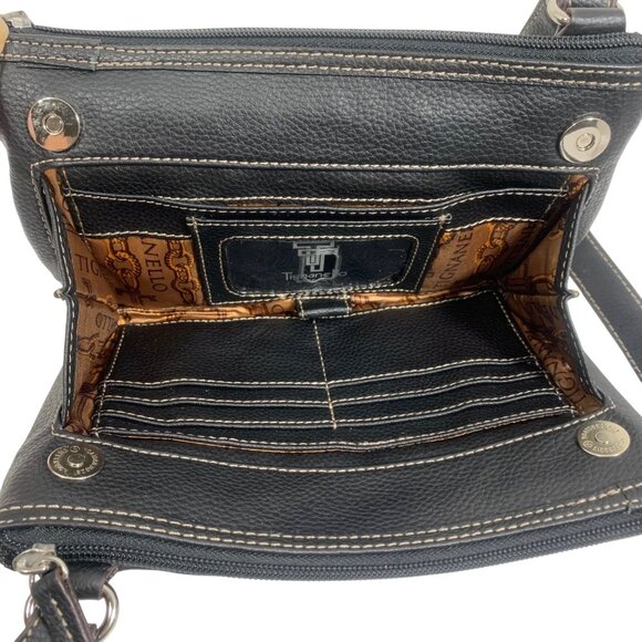 Tignanello Black Leather Travel Crossbody Bag Adj Strap - 3 Compartments EUC - Picture 11 of 16